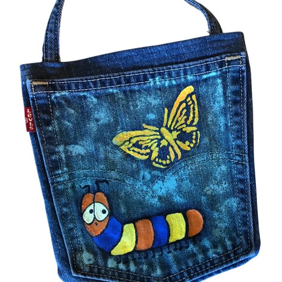 Handmade Crossbody Cell Phone Bag: Painted Whimsical Caterpillar Jean Purse - Picture 2 of 8